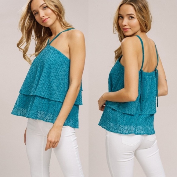NWT Eyelet Embroidered Turquoise Halter Top - Picture 3 of 3